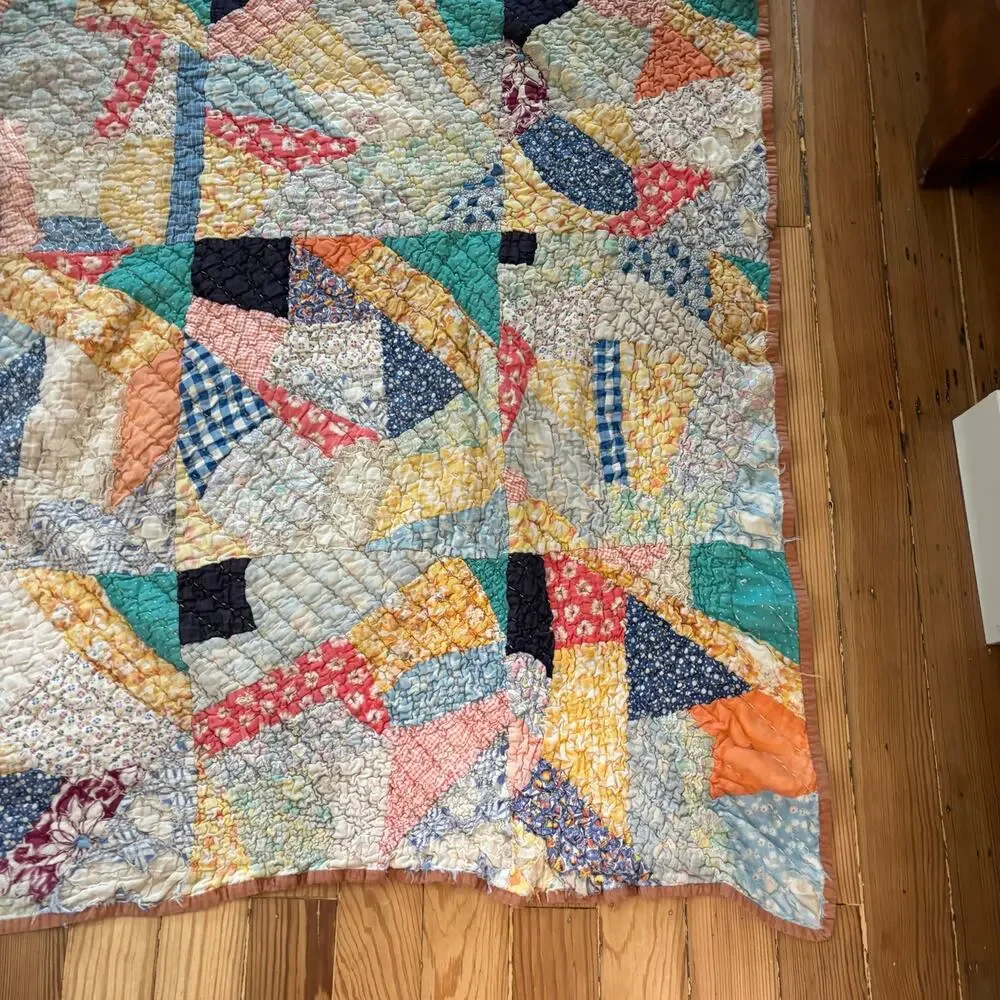 Vtg Crazy Patchwork Quilt Handmade Scrunchy Cotton Colorful 54x69” Feedsack?